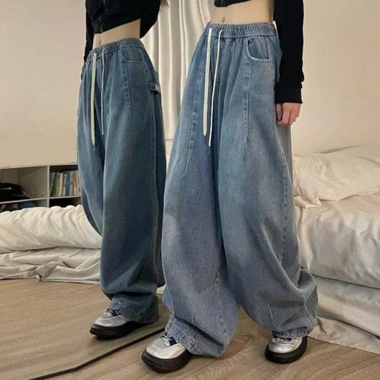 Baisida Dames jeans met wijde pijpen, vloerlengte, los denim, trekkoord, elastische taille, effen kleur, hiphop, streetwear, diep kruis, zakken, vintage rechte lange broek M blauw