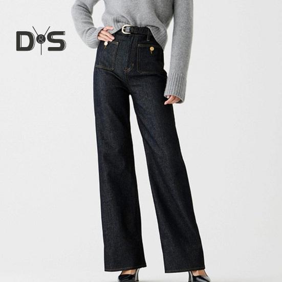 Eyouth G Dames Jeans Uitlopende Zoom Rechte Stretch Effen Kleur Losse Wijde Pijpen Hoge Taille Casual Multi Zakken Knoop Decor Streetwear Denim Broek S zwart