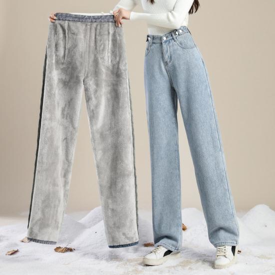 Livia Dames Winter Jeans Hoge Taille Knoopsluiting Ritssluiting Dik Fluwelen Voering Losse Pasvorm Zakken Rechte Wijde Pijpen Streetwear Broek Dagelijkse Draag Lange Broek S