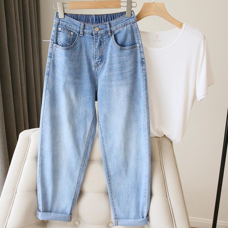 MA10BL Mode Blauwe Dames Jeans Lente Herfst Elastische Taille Lichtblauwe Losse Denim Broek Harem Broek Vrouwelijke Casual Broek Zacht L blauw