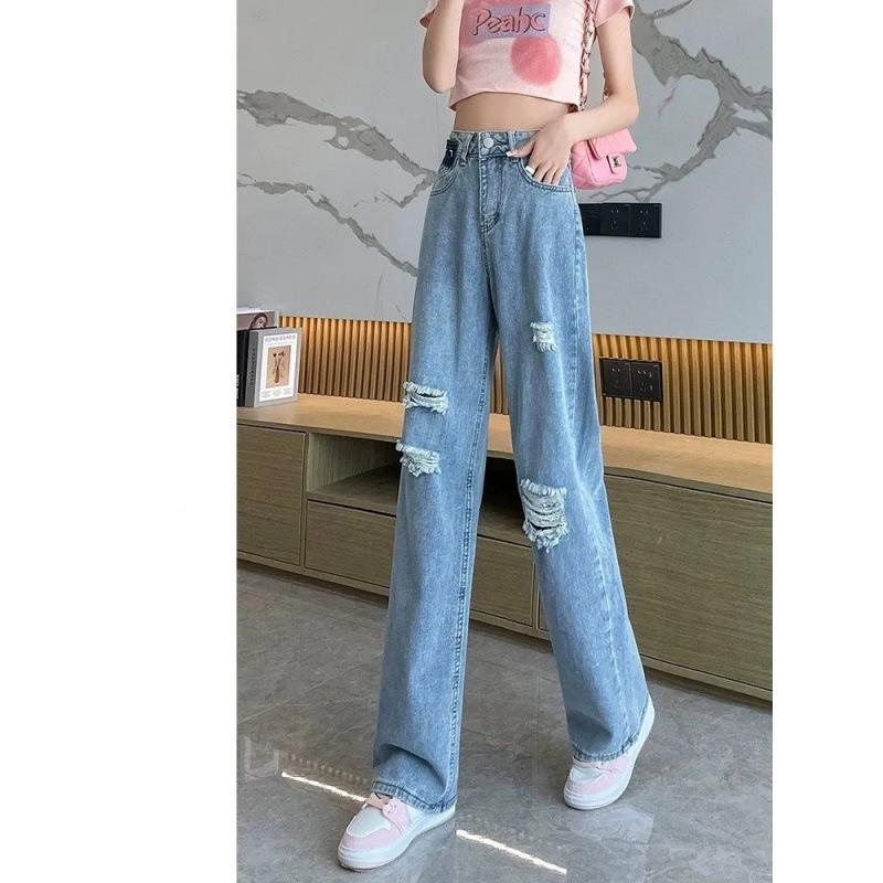 CrestLink 2023 Women's High-Waist Slimming Ripped Straight Jeans - Summer Trendy Thin Drape Mopping Style S lichtblauwe kleur