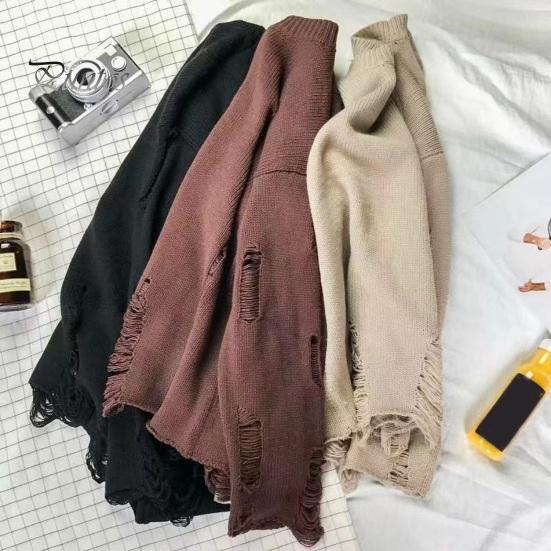 DILLER Heren Herfst Winter Trui Gescheurd Gat Effen Kleur Ronde Hals Gebreid Retro Japanse Stijl Middellange Losse Lange Mouw Zachte Warme Trui Heren Trui L donkerbruine kleur