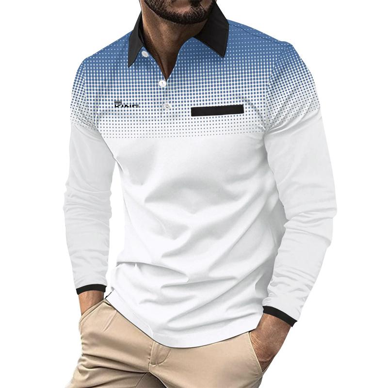 Haodingfushi 100% Polyester Herfst Nieuwe Heren Lange Mouw Mode Polo Shirt Nep Zak Print Sport Tops Polo Shirt S marineblauwe kleur