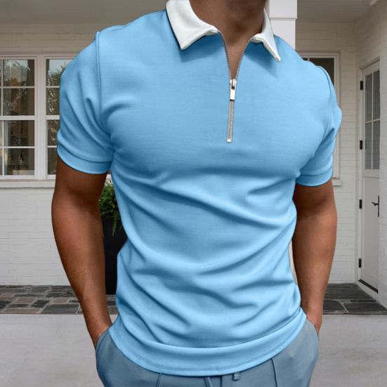 Jixiangzhizhi Heren T-shirt met ritskraag, effen kleur, korte mouwen, revers, casual, slim fit, zomertop voor op straat, vakantie, werk, sport S donkergrijze kleur