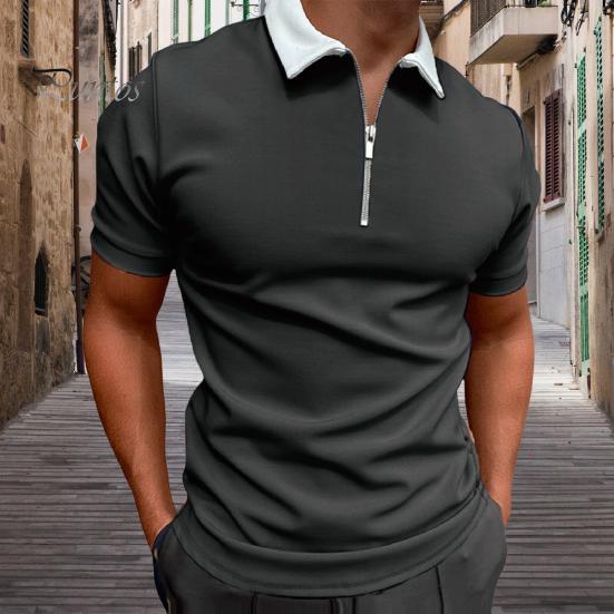 DILLER Heren T-shirt met ritskraag, effen kleur, korte mouwen, revers, casual, slim fit, zomertop voor op straat, vakantie, werk, sport S meer blauwe kleur