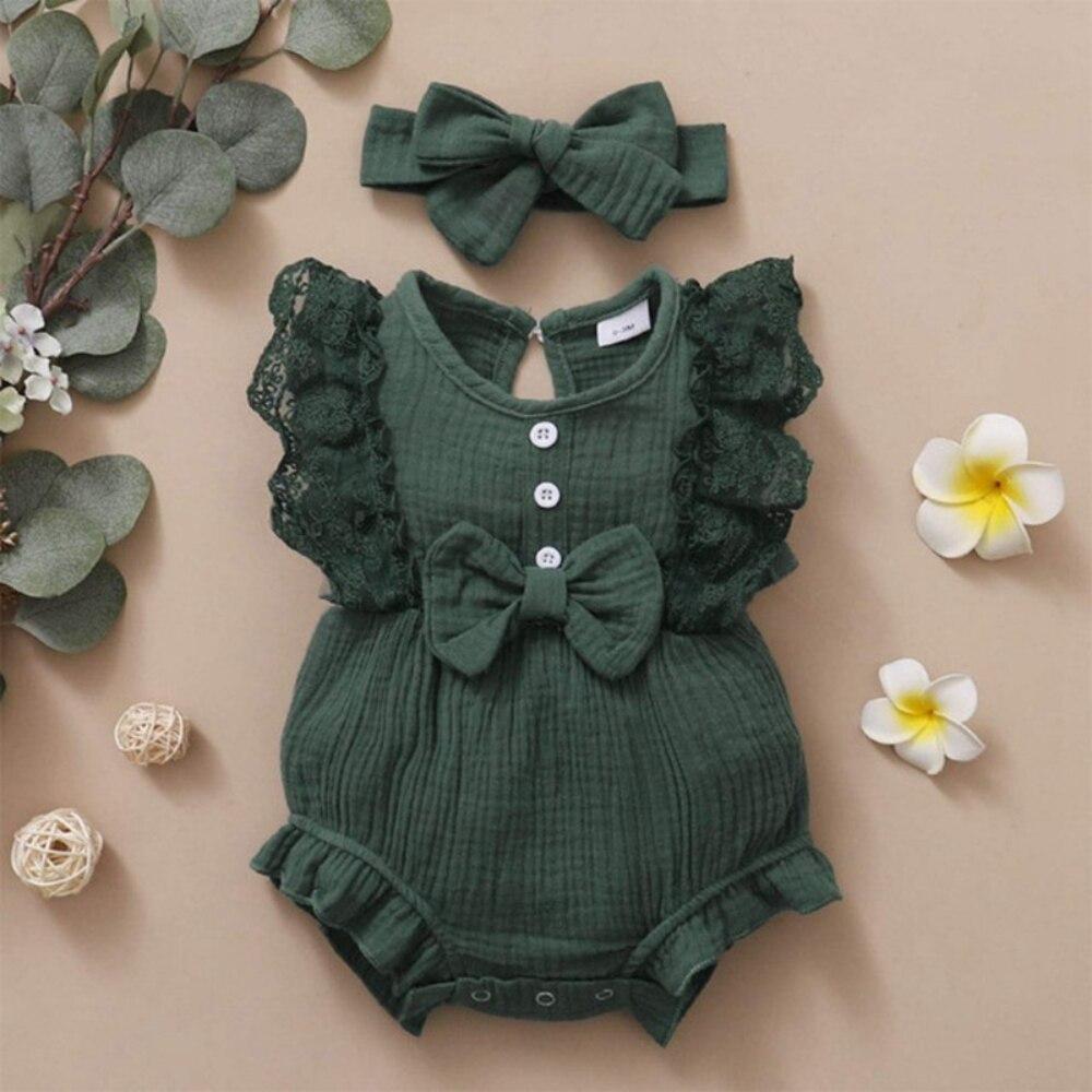 Selfyi 2 stks/set pasgeboren baby meisjes leuke boog romper zomer outfits kant ruches mouw jumpsuit bodysuit + hoofdband babykleertjes 0-18 m 100