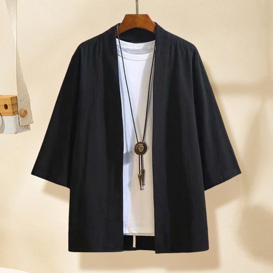 NovaNet Lente Heren Shirt Retro Chinese Stijl Open Steek Losse Cardigan Drie Kwart Mouw Priesterjurk Pure Kleur Traditionele Kleding Dagelijkse Jas Top 3XL zwart