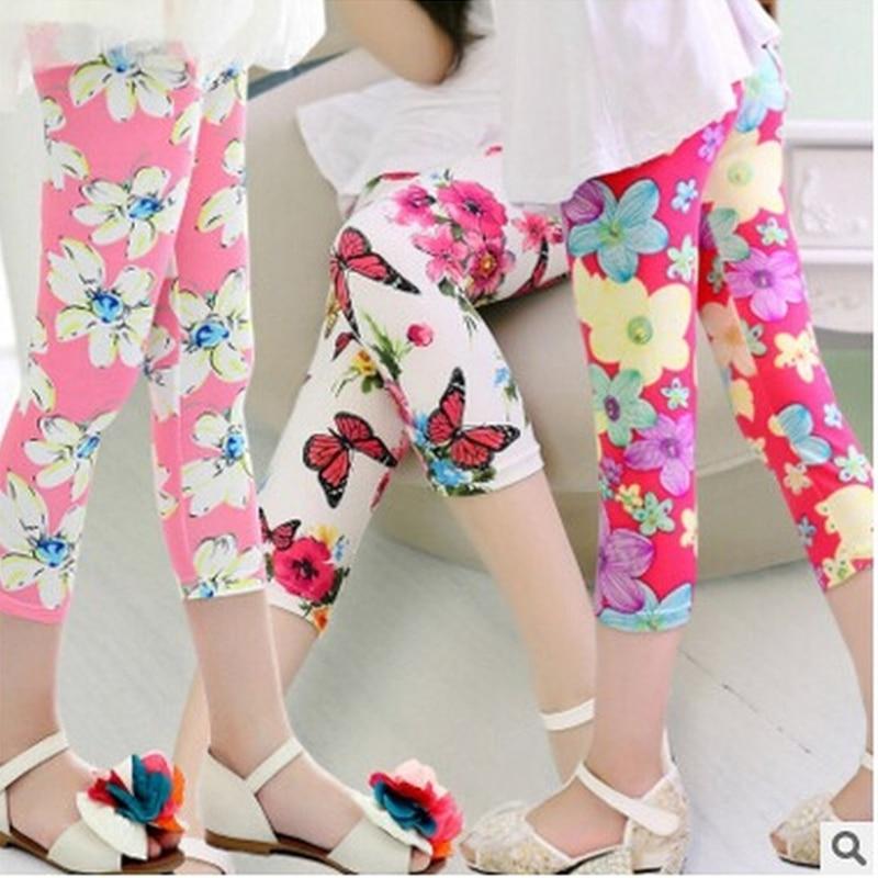 Topzeros Meisjes Leggings Zomer Kinderen Skinny Broek Elastische Zijde Ademend Casual Potlood Broek Bloemenprint Kinderen Leggings Meisjes Capri's 100