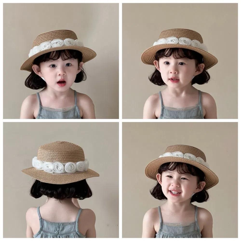 Hongpei French Baby Straw Caps Beach Children Sun Hat Trendy Flower Lace Straw Hat  2-6 years