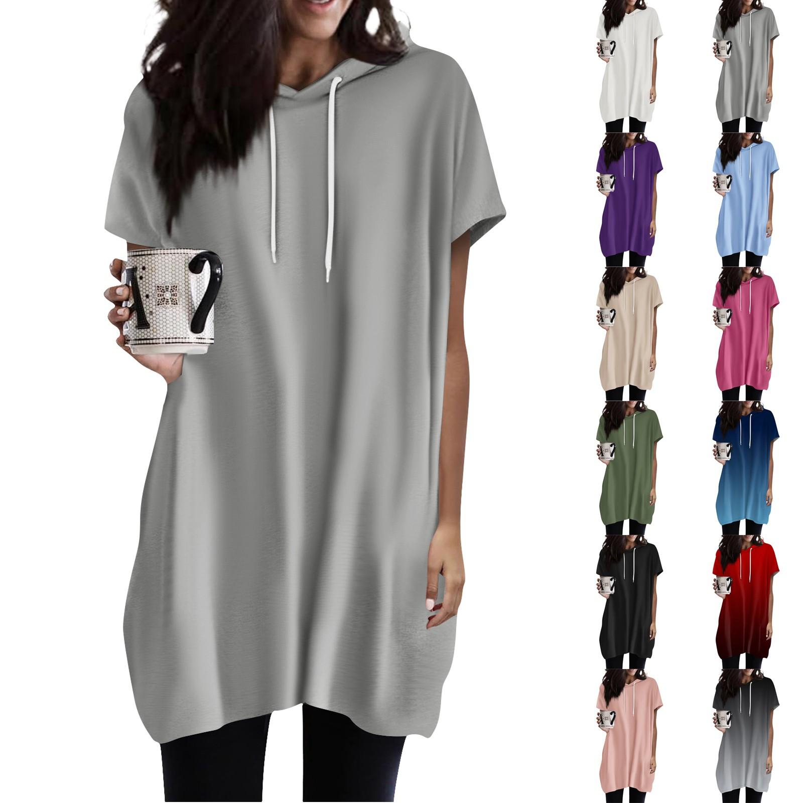 Jiangnan C Dameshoodies Casual shirts met korte mouwen Modeprint Tuniektops met zakken XXL