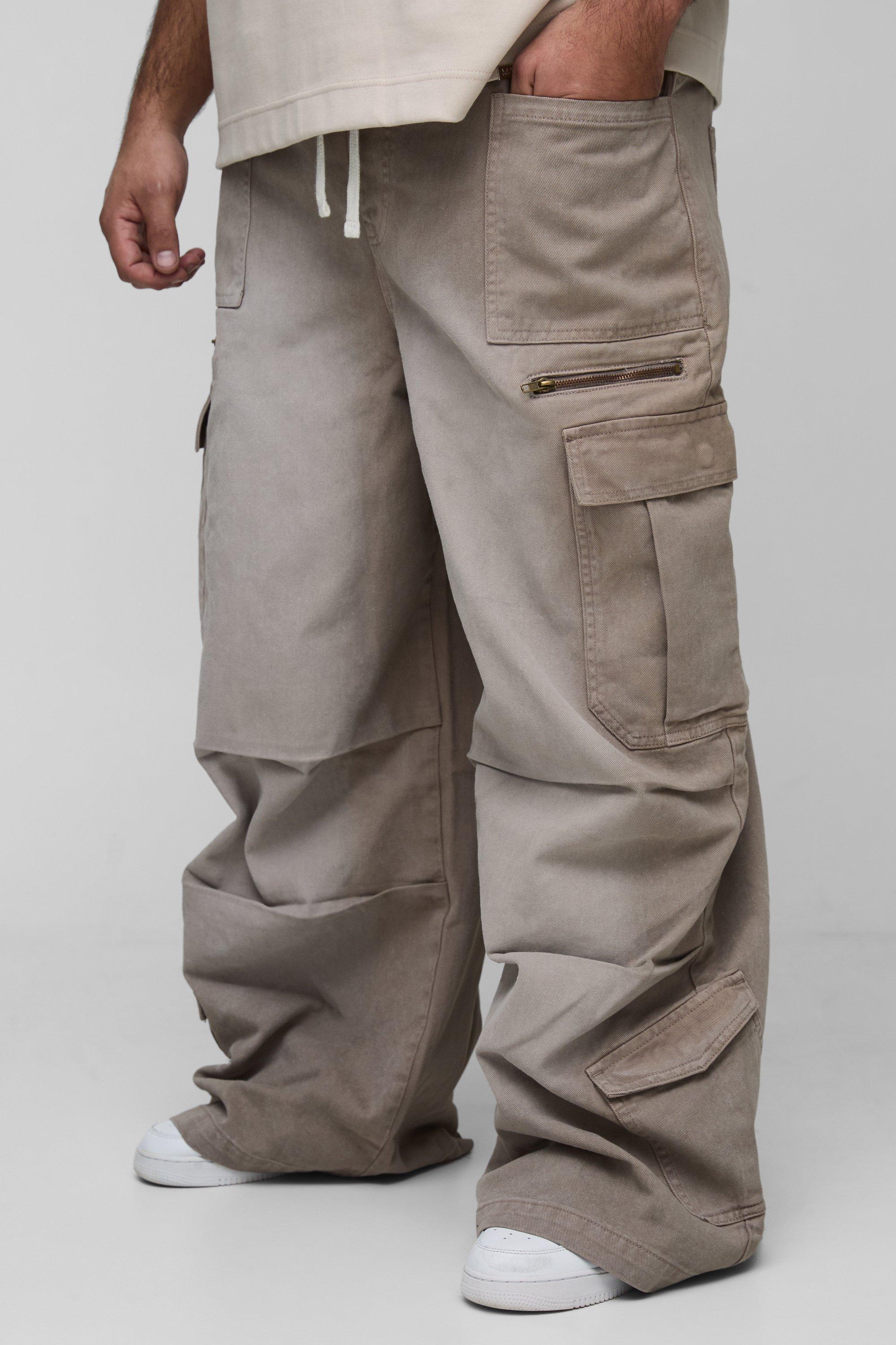 Boohoo Plus Acid Wash Gebleekte Parachute Cargo Jeans Met Elastische Taille, Stone