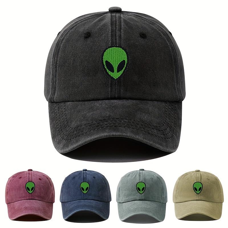 Hats Summer Cool Hippie Distressed Trucker Cap - Embroidered Green Alien Head, Curved Brim, Snapback Closure, Casual Leisure Outdoor Sports Hat for Everyday Wear zwart
