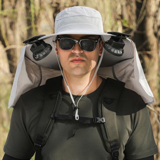 MUQZI Zonne-ventilatorhoed met nekflap UPF 50+ UV-bescherming Hoed met 2 koelventilatoren USB-oplaadbaar Ademend Heren Dames Zomer Buiten Brede rand Zonnehoed B