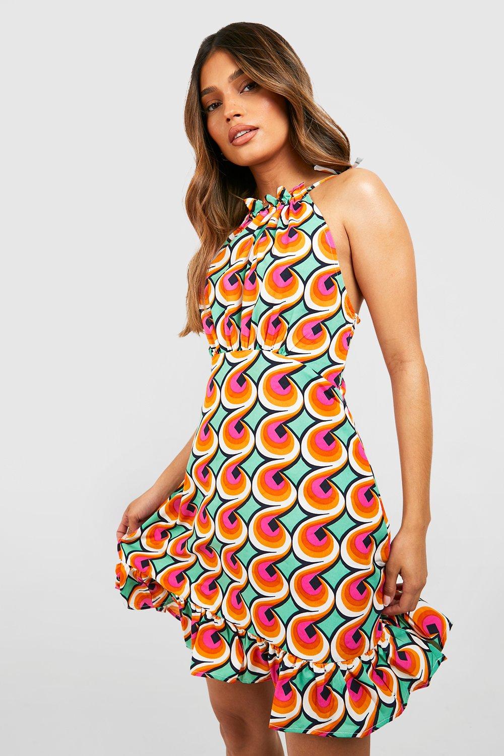 Boohoo Geo Print Zonnejurk Met Ceintuur En Franjes, Blue