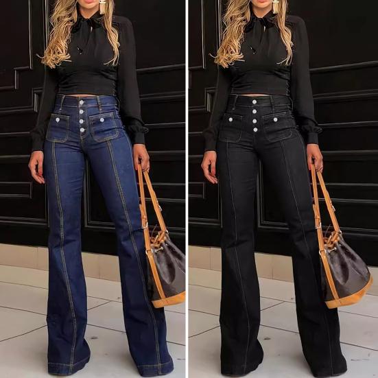 Bluelans clothing Damesjeans Hoge Effen Kleur Zoom Ritssluiting Uitlopende Taille Knop Slim Fit Volledige lengte 2XL donkerblauwe kleur