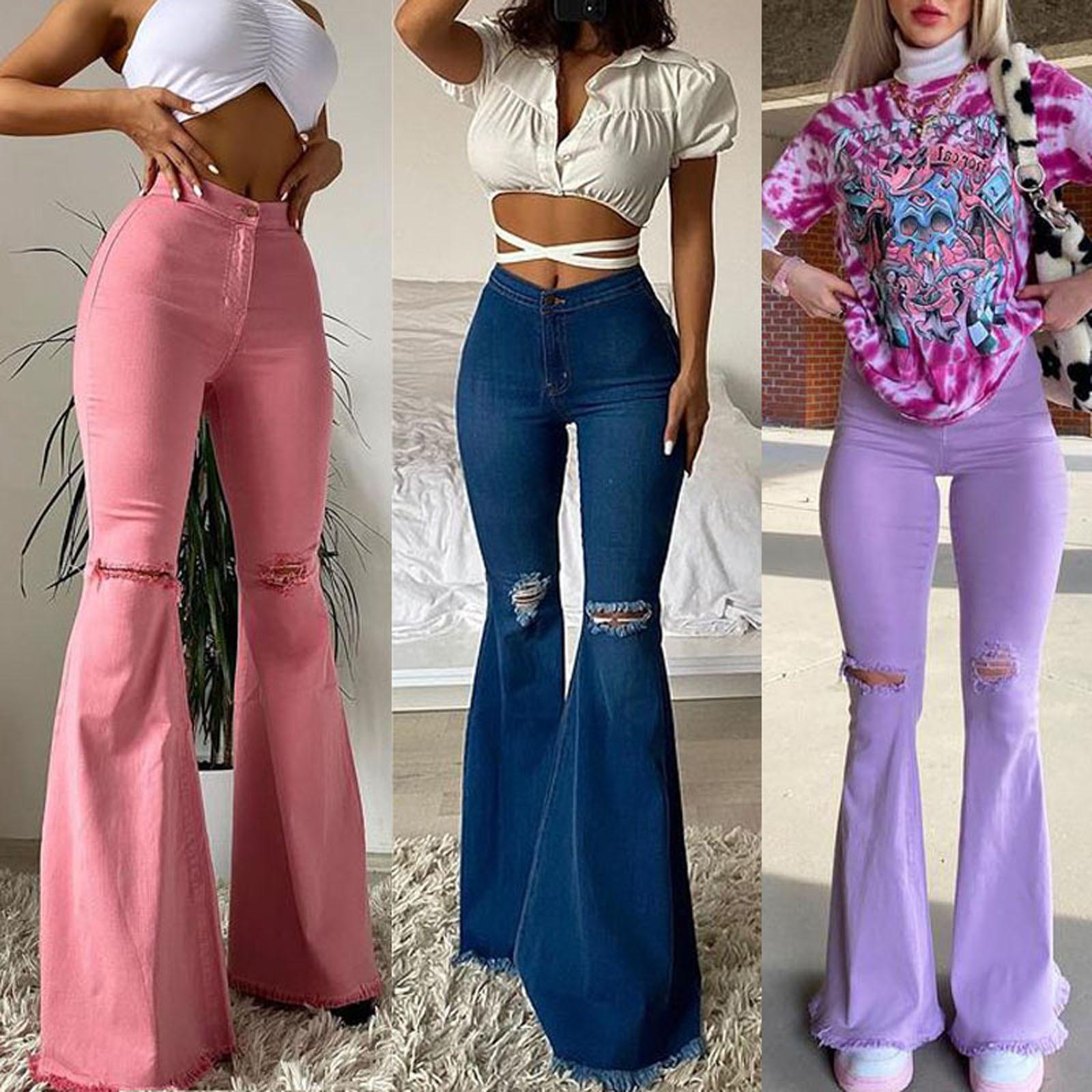 Mianduijifengba Mode Dames Heupliftende Ripped Flared Broek Kleur Stretch Denim Broek XL roze