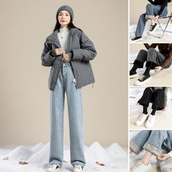 AuraMall Dames Winter Jeans Hoge Taille Knoopsluiting Ritssluiting Dik Fluwelen Voering Losse Pasvorm Zakken Rechte Wijde Pijpen Streetwear Broek Dagelijkse Draag Lange Broek S zwart