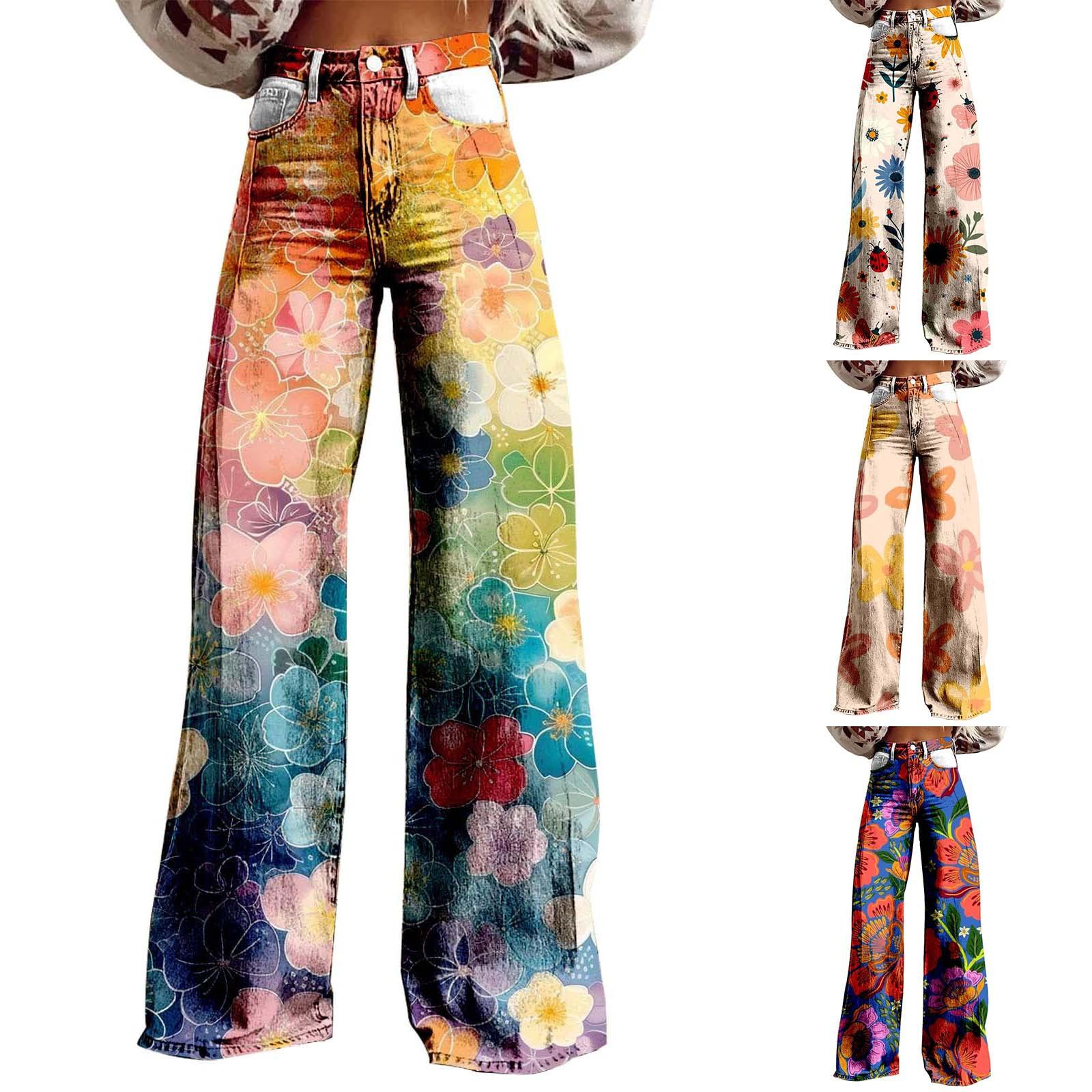 Hong Hollyland Wijde flared jeans voor dames met zakken, baggy broek, vintage bloemenprint, hoge taille, losse broek L roze