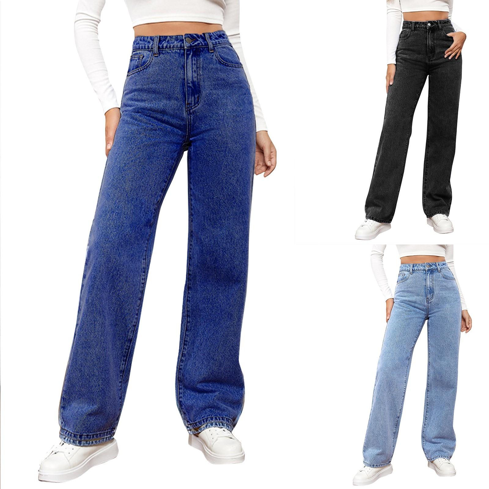Jiangnan C Dames High Waist Washed Dames Jeans Modieuze Veelzijdige Rechte Broek L zwart
