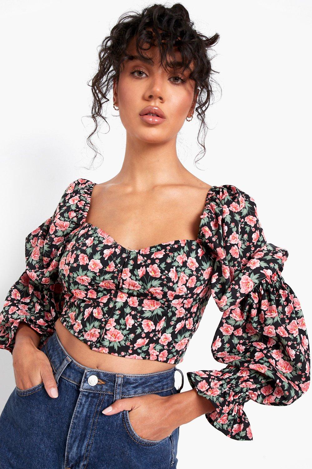 Boohoo Bloemen Top Met Pofmouwen, Black