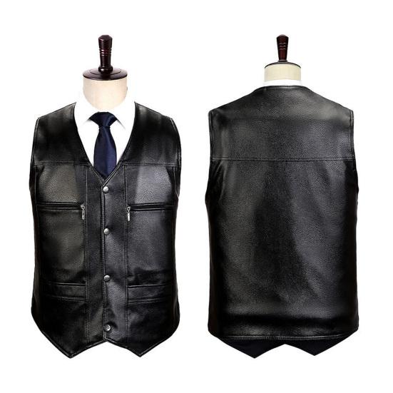 Tianhangyuan Heren Herfst Winter Vest Kunstleer Dik Pluche V-hals Meerdere zakken Mouwloos Single-breasted Warm Winddicht Effen Kleur Mannen van middelbare leeftijd Vader XL zwart
