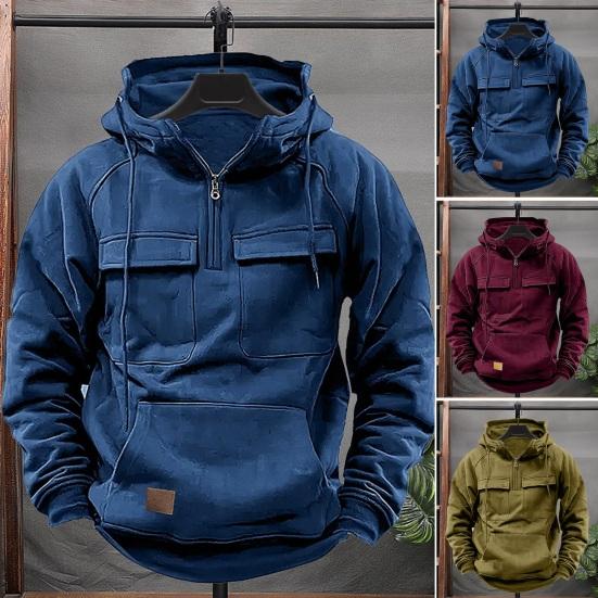 Bohuidadeng Lente Herfst Heren Hoodie Cargo Stijl Trekkoord Grote Opgestikte Zak Halve Rits Lange Mouwen Effen Kleur Casual Dagelijkse Draag Sport Top L donkerblauwe kleur