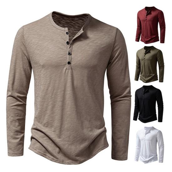 Guannuotong Heren herfst lente T-shirt ronde hals knop effen kleur dunne lange mouw trui zacht casual dagelijks dieptepunt top sportkleding S legergroene kleur