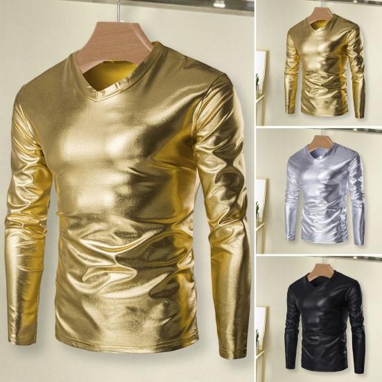 Guannuotong Heren top slim fit V-hals T-shirt met lange mouwen Trendy glanzende bronzing glanzende herenblouse voor feesten, podiumfeesten 3XL goud