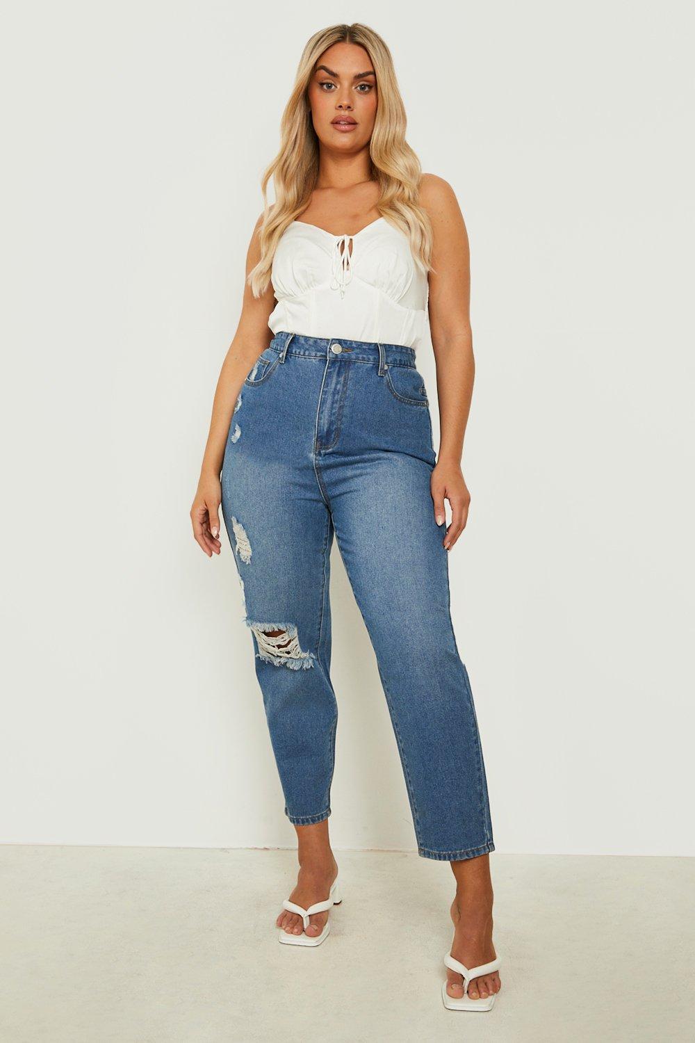Boohoo Plus Korte High Waist Jeans Met Gescheurde Knieën, Stonewash