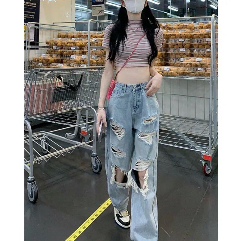 Hannah Martin Nieuwe Mode Hoge Kwaliteit Ontwerp Gevoel Grote Maat Gewassen Gescheurde Jeans Vrouwen Zomer Spice Girls Hoge Taille Rechte Losse Jeans S blauw