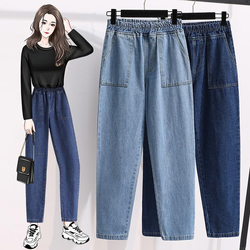 ZAIA Women Jacket Plus Size Vrouwen Jeans Broeken Hoge Taille Losse Denim Vrouwelijke Elastische Taille Lente Basic Zakken Broeken L donkerblauwe kleur