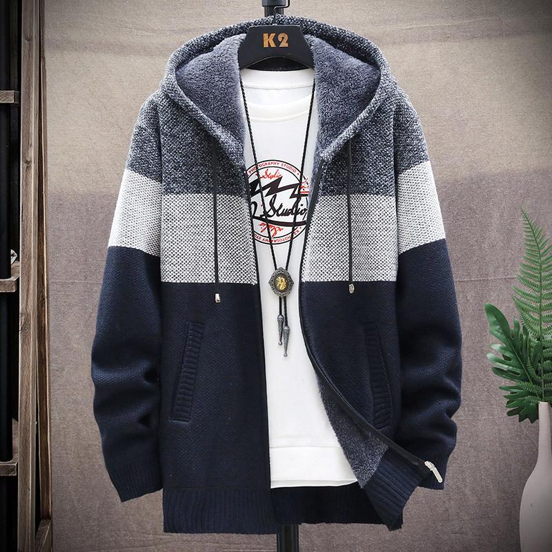 Geener Heren gebreide trui fleece jas gestreepte jassen mode hoodies winter herfst dikke warme windjack truien herenkleding XL