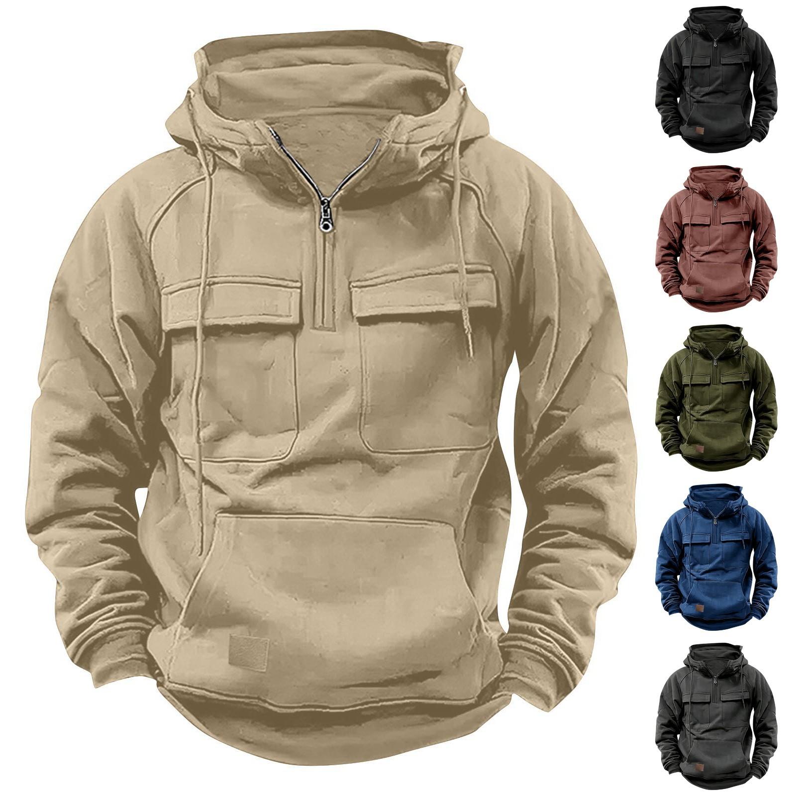 Winnerer Sun Effen kleur herensweater met capuchon, Europese en Amerikaanse jeugdsport leren trui met meerdere zakken en patch L zwart