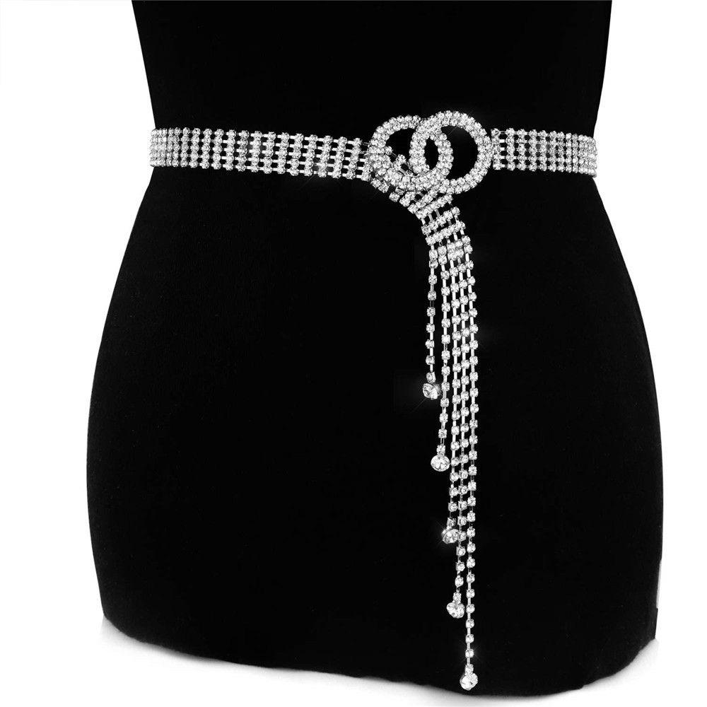 Jintanlin Dames Bling verstelbare tailleband Kristallen tailleriem Sparkle Kwastjes Strassketting Riem O-ring zilver