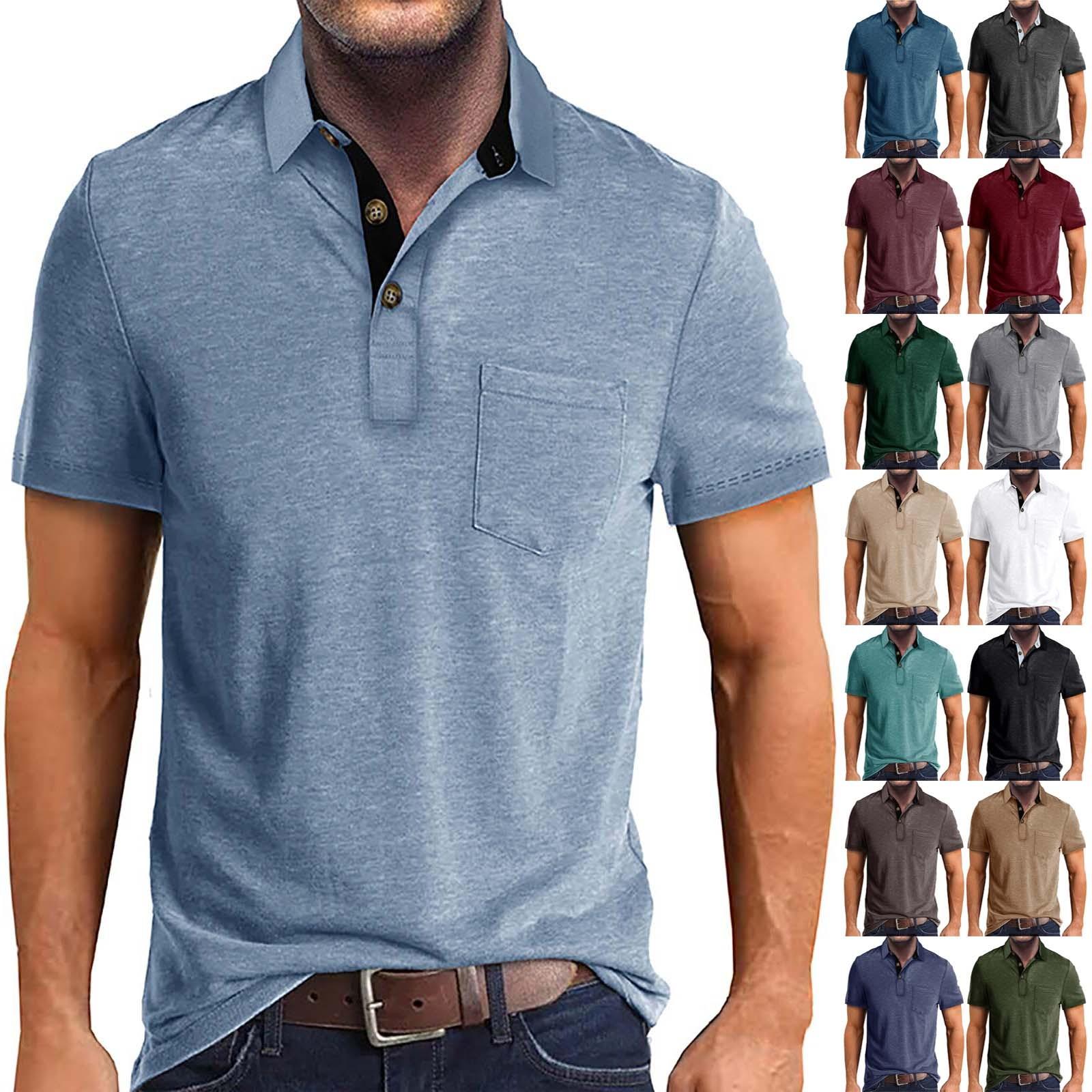 Challenge Heren zomer effen T-shirt met 3 knopen open kraag en knoopsluiting korte mouwen top L legergroene kleur