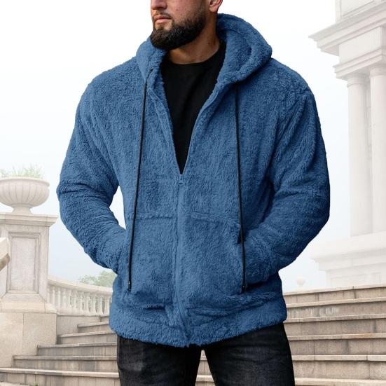 PLUM LAI Winter Heren Trui Capuchon Ritssluiting Lange Mouwen Trekkoord Dik Pluche Effen Kleur Cardigan Zakken Middellange Lengte L zwart