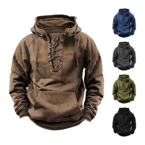 Majieni Herfst Winter Heren Hoodie Vetersluiting Band Losse Elastische Manchet Retro Warme Pullover Middellange Lengte Hip Hop Patch Zak Effen Kleur Hoodie Top L kaki