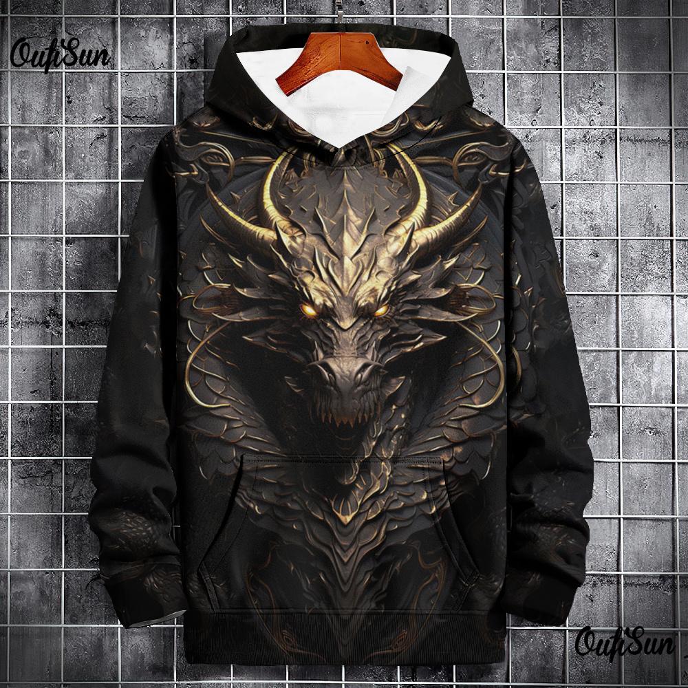 HIMO Group Nieuwe hoodies voor heren 3D-dierenprint drakenprint hoge kwaliteit herentrui dagelijks casual lange mouwen losse oversized sweatshirts 2XL