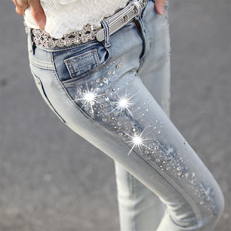 Hannah Martin Nieuwe Vrouwen Diamant Geboord Gat Jeans Vrouw Potlood Broek Vrouwen Jeans Gescheurde Denim Broek met Strass Denim Broek Vrouw 32 hemelsblauwe kleur