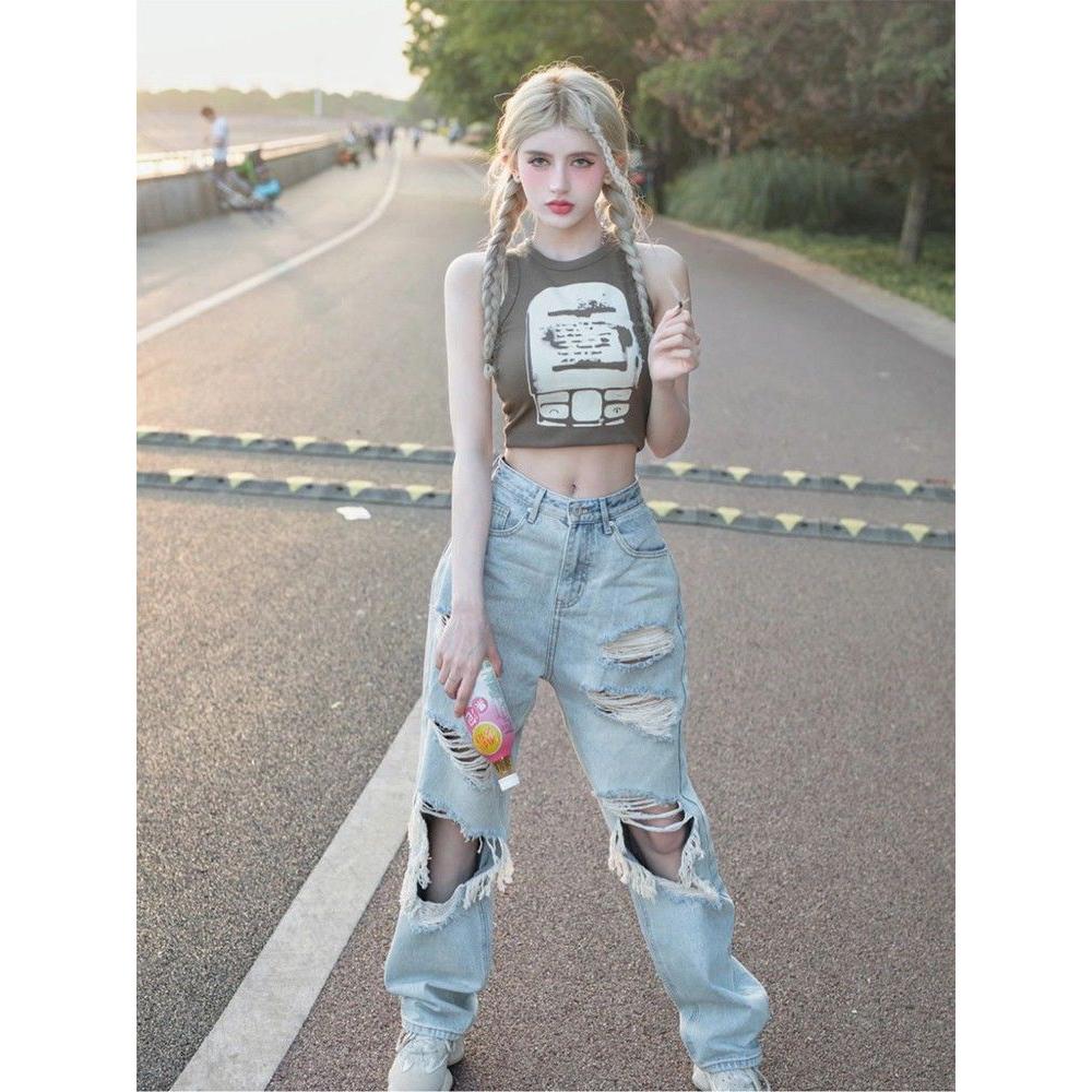 Hannah Martin Nieuwe mode van hoge kwaliteit Design Sense Sexy losse gescheurde jeans Vrouwelijke bedelaar gescheurde losse hoge taille rechte broek met wijde pijpen S blauw