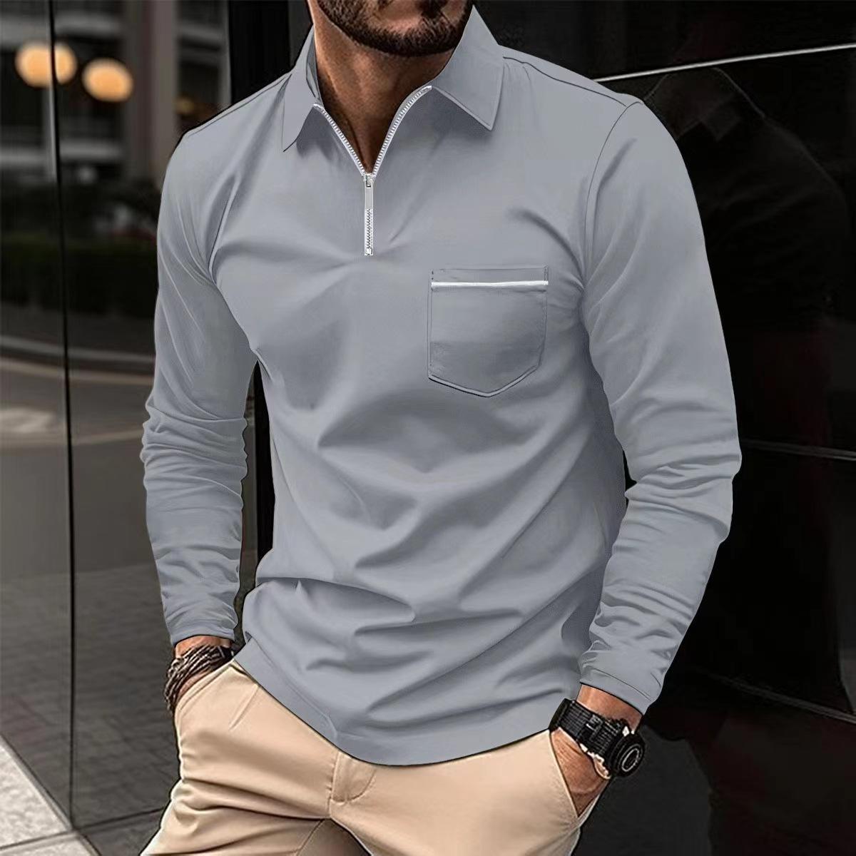 Tooyoo Mode Polo Shirt Rits Zak Heren Lange Mouw Sport Polo Shirt Effen Kleur Top S grijze kleur