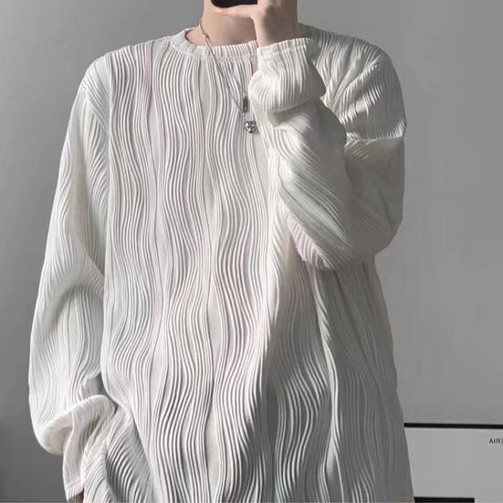 Guannuotong Heren Herfst Lente Top Watergolftextuur Ronde hals Lange mouw Oversized Effen Kleur Losse trui Hiphop Street chic Halflange heren Zacht T-shirt M wit