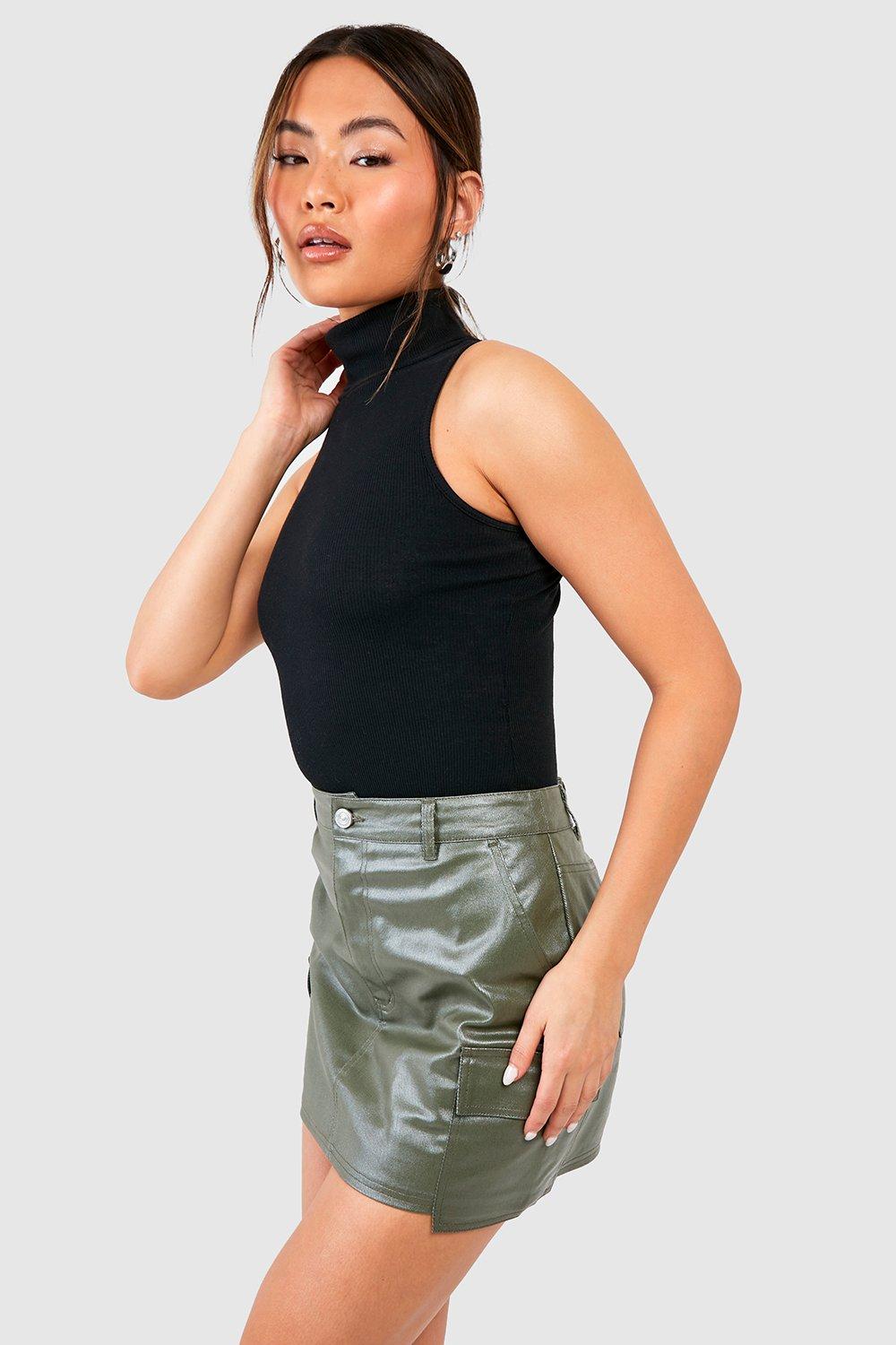Boohoo Mini Spijkerrokje Met Pu Coating En Cargo Zakken, Khaki