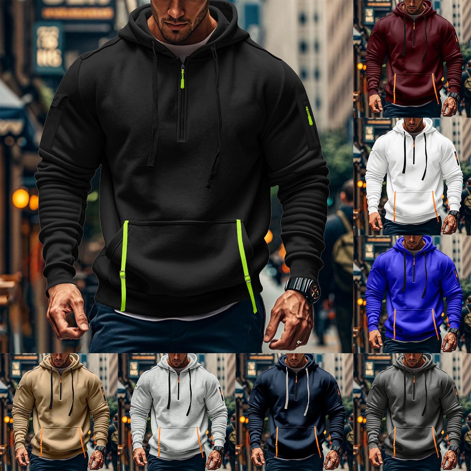 Excellent stuff Men's long-sleeved sports plus size solid color casual hoodie with zipper arm pockets L zwart