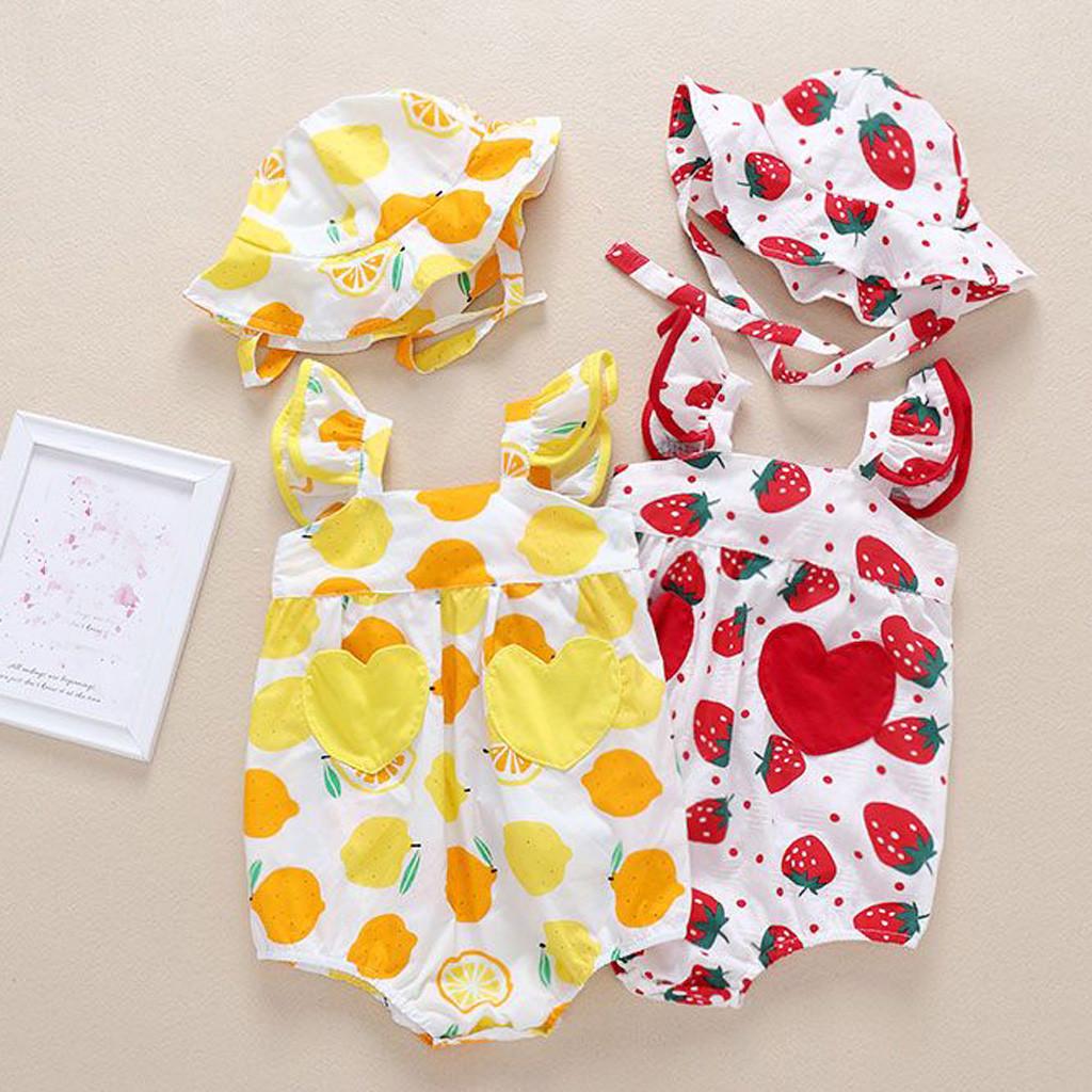 Long nose (Kung Pao-kip)Pasgeboren baby baby meisjes riemen fruitprint romper Sunsuit hoed bodysuit 90 rood