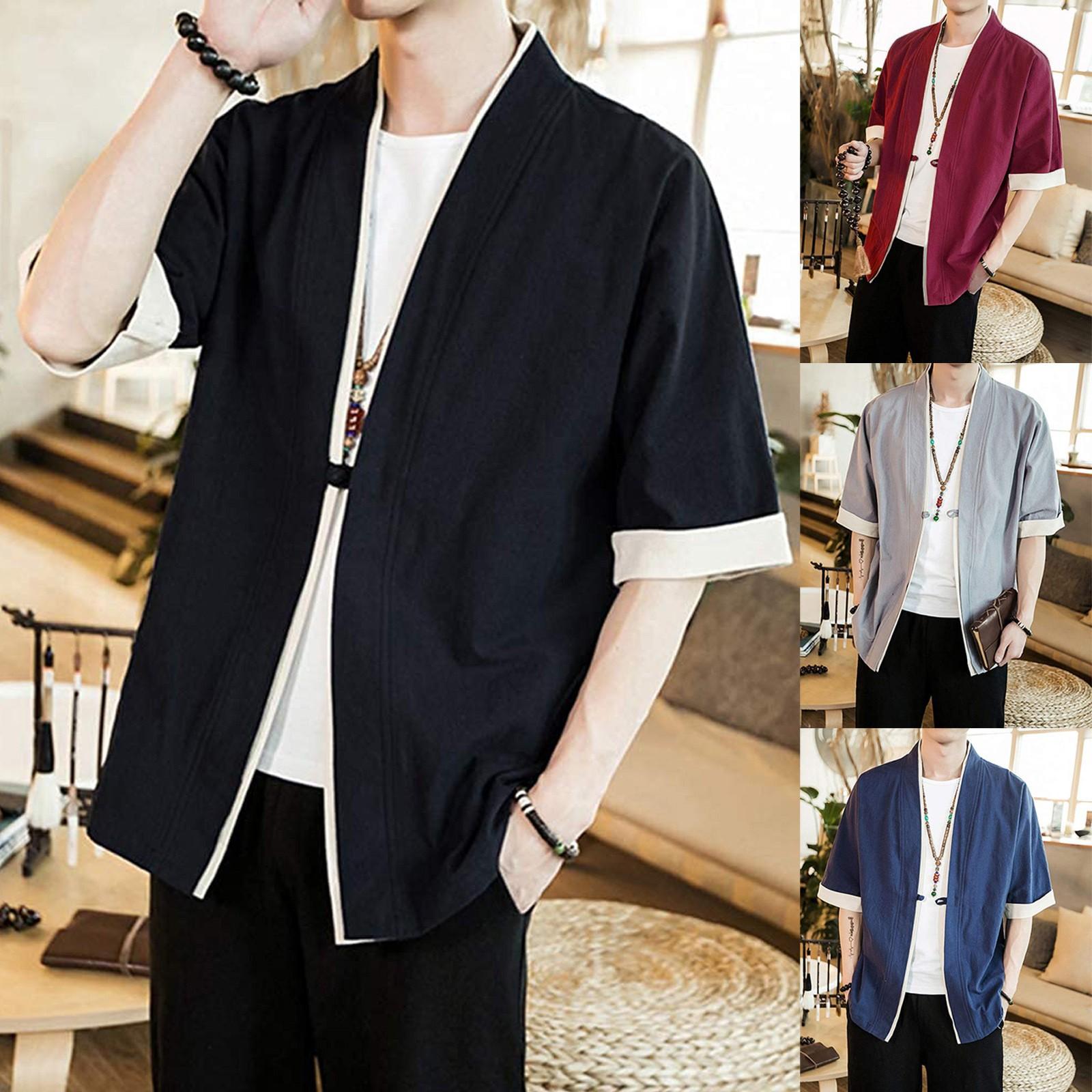 Long nose Heren linnen Japanse kimono eenknoops vest jas oude stijl L zwart