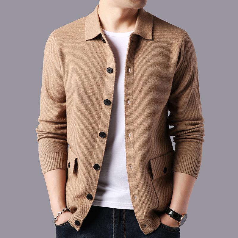 NB Fashion Heren gebreide cardigan slank lange mouw dikker wollen reverskraag heren trui eenvoudige jas XL rood
