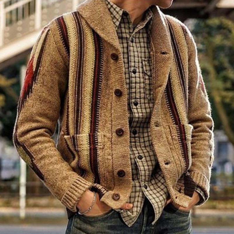 NB Fashion Herfst en winter Nieuwe heren lange mouwen bedrukte trui revers gebreide cardigan S kaki