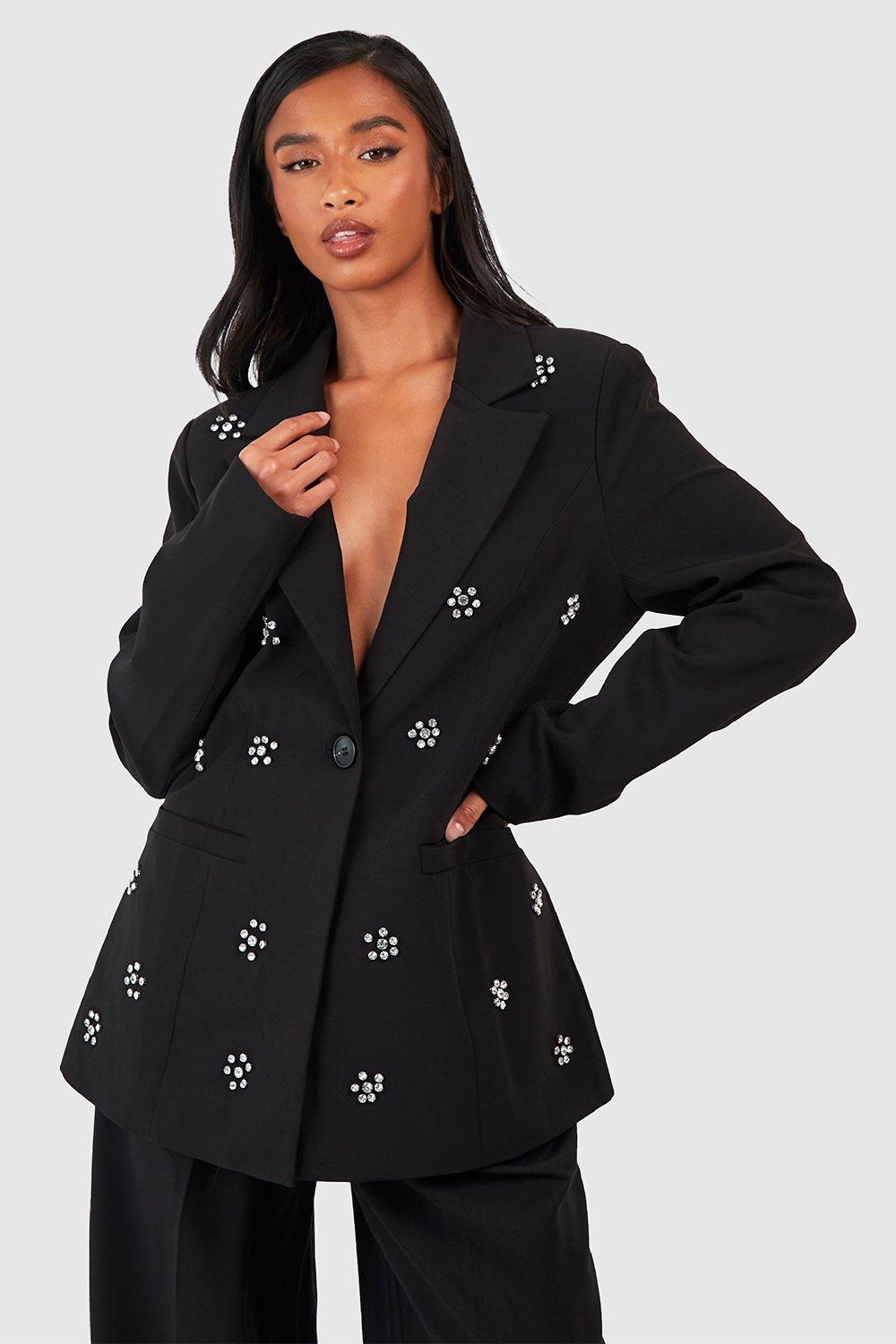 Boohoo Petite Versierde Blazer Met Steentjes, Black