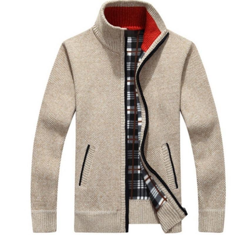 NB Fashion Lange gebreide herensweater met ritssluiting, pluche en dikke isolatie, trendy topsweater en jack M beige